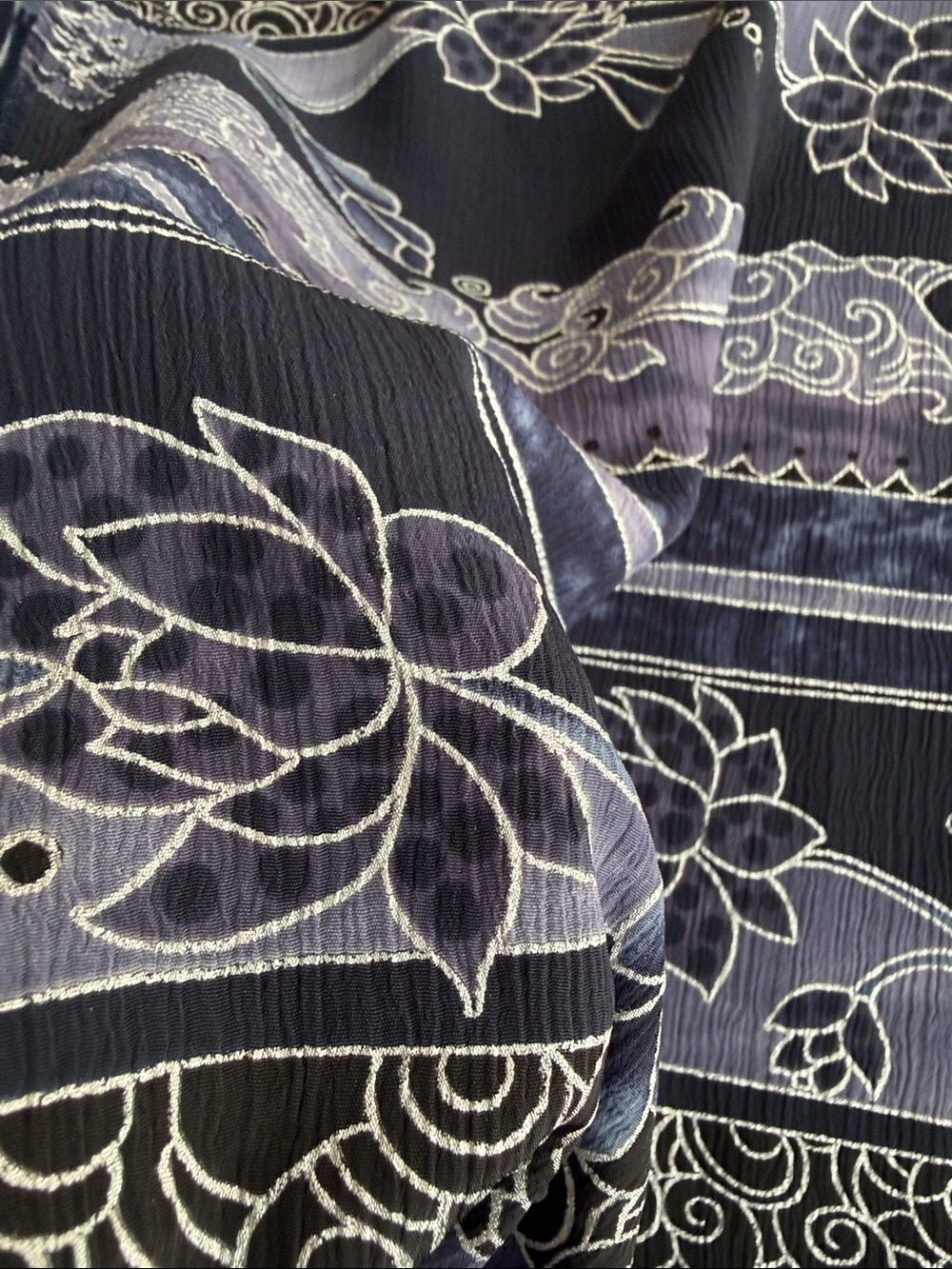 Vintage 1980s Crinkle Crepe Fabric Asian Floral Stripe Black Blue 3 1/3 Yds - Picture 12 of 13